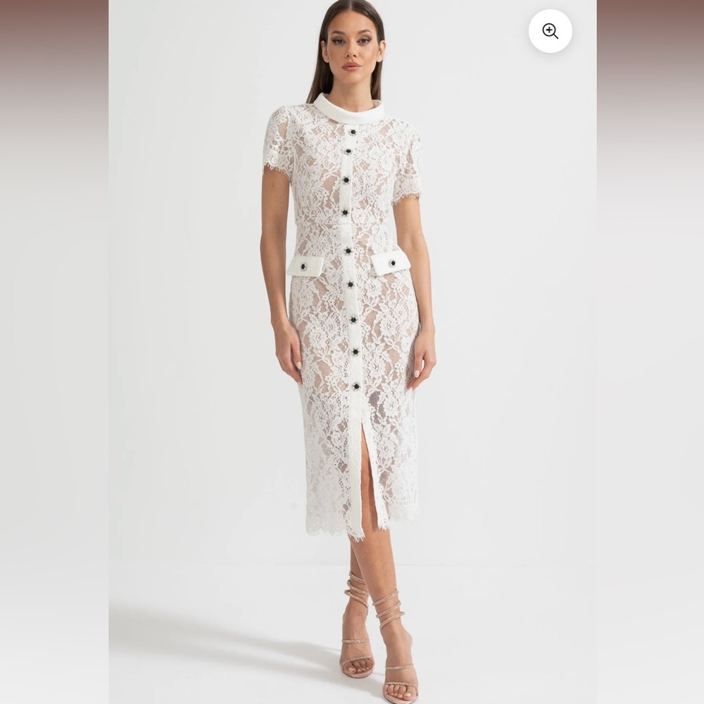 Elegant White Lace Midi Dress with Button Front